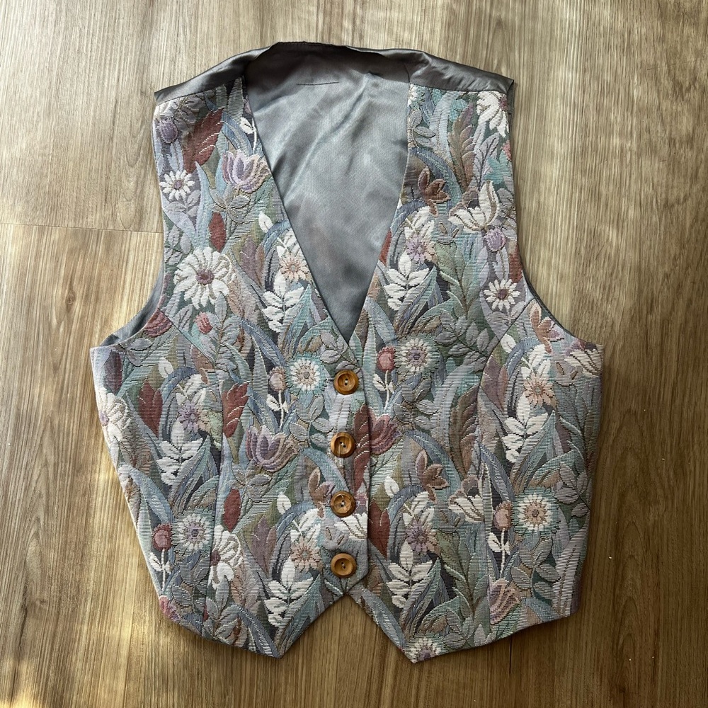Floral Tapestry Vest with Wooden Buttons